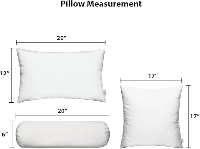 RSH DECOR: 6-Pack Pillow Set | All-Weather Spun Fabric | Water & Fade-Resistant | 17" Square, 20" x 12" Lumbar, 20" x 6" Neck Roll | Outdoor Pillows for Patio Furniture | Veranda