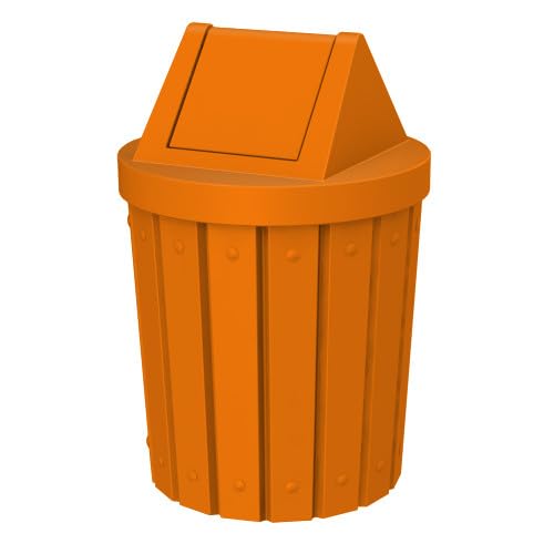 42 Gallon Round Slatted 100% Recycled Plastic Indoor or Outdoor Commercial Trash Can with Easy Access Swing Top Lid | Great for Schools and Businesses - Orange