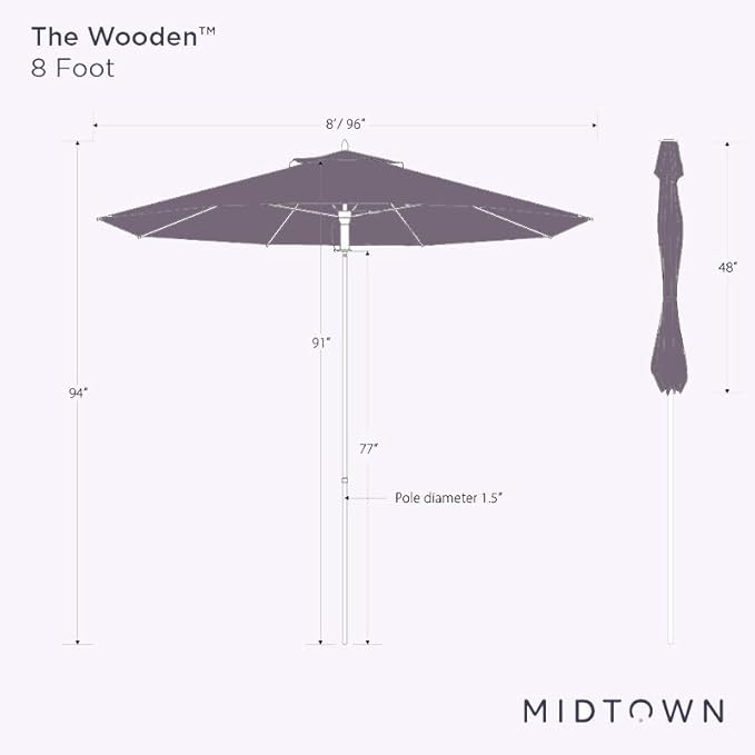 Midtown Umbrellas The Wooden 8 Feet Patio Umbrella With Terylast Pear Stripes (Light Green/White Stripes) Polyester Fabric - Aluminum Frame Market Umbrella For Backyard, Deck, Garden, Pool - Wooden Pole