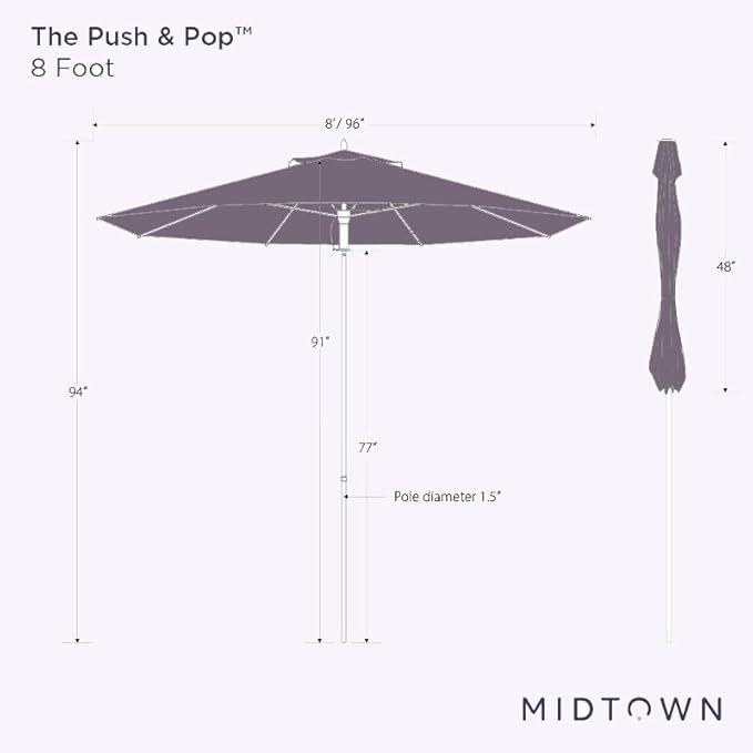 Midtown Umbrellas Push Pop Sunbrella Umbrella 8 Feet Outdoor Umbrella in Dark Blue Acrylic Fabric - Patio, Backyard, Garden, Picnic Table & Pool - Black Pole