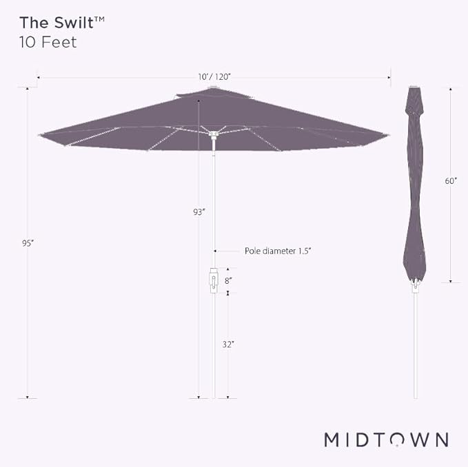 Midtown Umbrellas The Swilt 10 Feet Patio Umbrella in Sunbrella Burgundy Acrylic Fabric - Fiberglass Ribs, Auto-Tilt Aluminum Frame For Backyard, Deck, Garden, Pool - White Pole