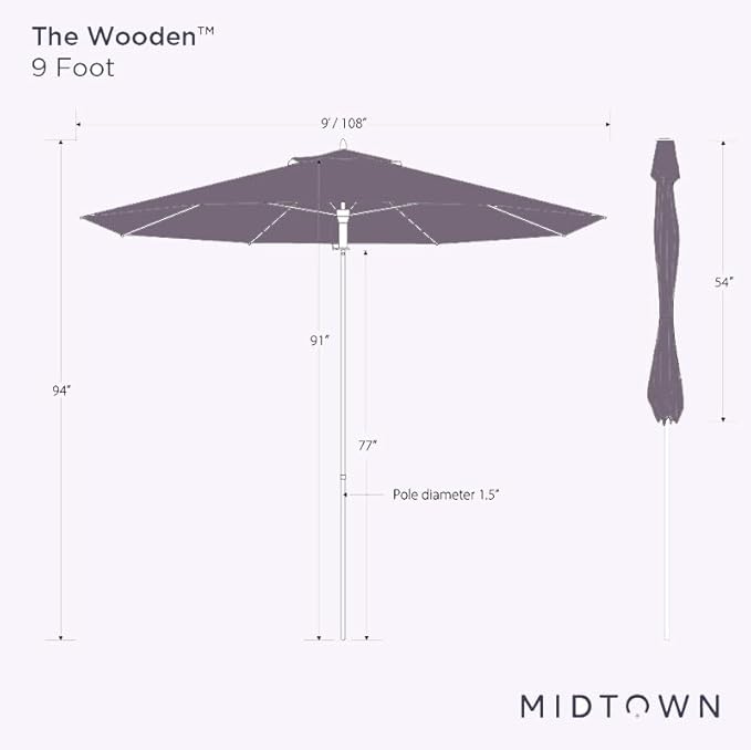 The Wooden 9 Feet Outdoor Umbrella With Terylast Pear Stripes (Light Green/White Stripes) Polyester Fabric - Aluminum Frame Patio Umbrella With Push System For Deck, Garden, Pool - Wooden Pole