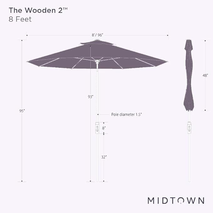Midtown Umbrellas Sunbrella Umbrella Outdoor Patio Umbrella 2-8 Feet in Sunbrella Macaw Acrylic Fabric - Auto-Tilt Aluminum Frame For Backyard Umbrella, Deck Umbrella & Porch Umbrella - Wooden Pole
