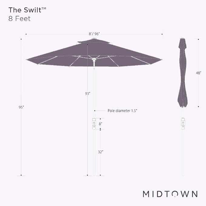 Midtown Umbrellas The Swilt 8 Feet Patio Umbrella in Sunbrella Heather Tan Acrylic Fabric - Fiberglass Ribs, Auto-Tilt Aluminum Frame For Backyard, Deck, Garden, Pool - White Pole
