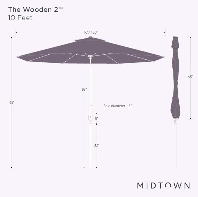 Midtown Umbrellas The Wooden 2-10 Feet Large Patio Umbrella, Terylast Green & White Stripes Fabric, Aluminum Frame For Backyard Umbrella, Deck Umbrella, Garden Umbrella & Pool Umbrella - Wooden Pole