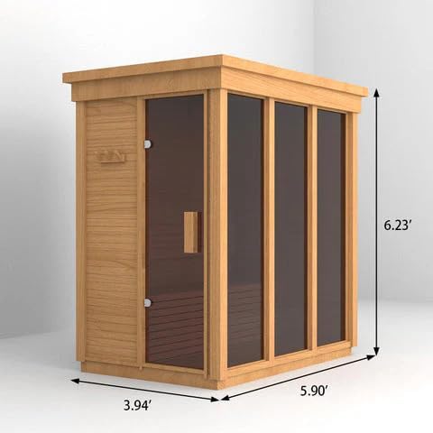 Outdoor Corner Steam Sauna, Canadian Hemlock Saunas 3-4 Person, 6KW ETL Toule Heater, 220V,Broad Bench, Glass Wall Sauna, Waterproof System, Asphalt Shingles,Left Door(0-195℉)