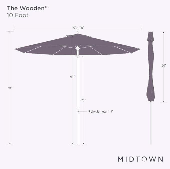 Midtown Umbrellas The Wooden 10 Feet Patio Umbrella With Terylast Ivory (White) Polyester Fabric - Aluminum Frame Market Umbrella For Backyard, Deck, Garden, Pool - Wooden Pole