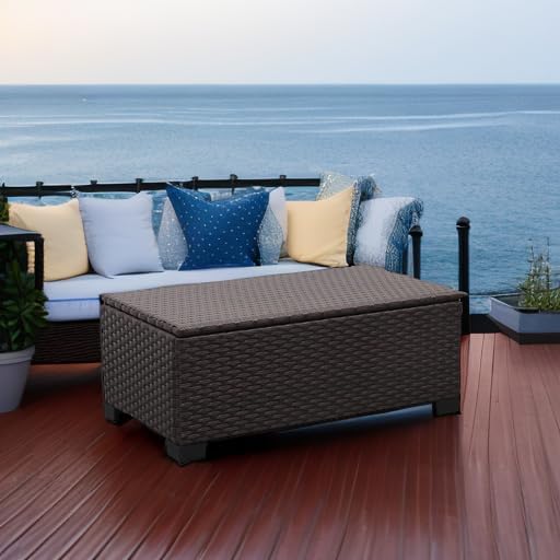 Rattaner Outdoor Storage Table Wicker Patio Coffee Table All-Weather Wicker Side Table with Waterproof Cover, Brown