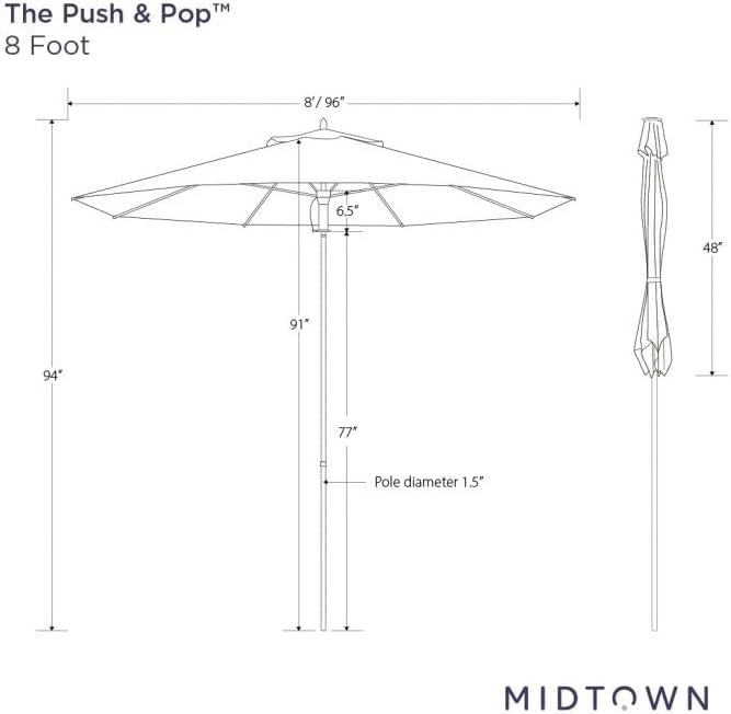 Midtown Umbrellas The Wooden 8 Feet Patio Umbrella With Terylast Sunny Stripes (White/Yellow Stripes) Polyester Fabric - Aluminum Frame Market Umbrella For Backyard, Deck, Garden, Pool - Wooden Pole