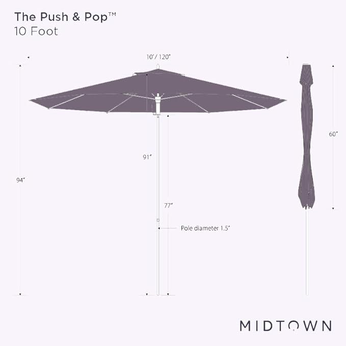 Midtown Umbrellas Push and Pop 10 Feet Outdoor Umbrella, Matter (Grey) Polyester Fabric - Fiberglass Ribs Deck Patio Umbrella, Backyard Umbrella, Garden Umbrella & Pool Umbrella - Black Pole