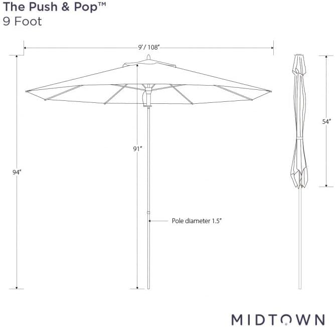 Midtown Umbrellas Push and Pop 9 Feet Outdoor Umbrella, Dark Green Polyester Fabric - Fiberglass Ribs Deck Patio Umbrella, Backyard Umbrella, Garden Umbrella & Pool Umbrella - Black Pole
