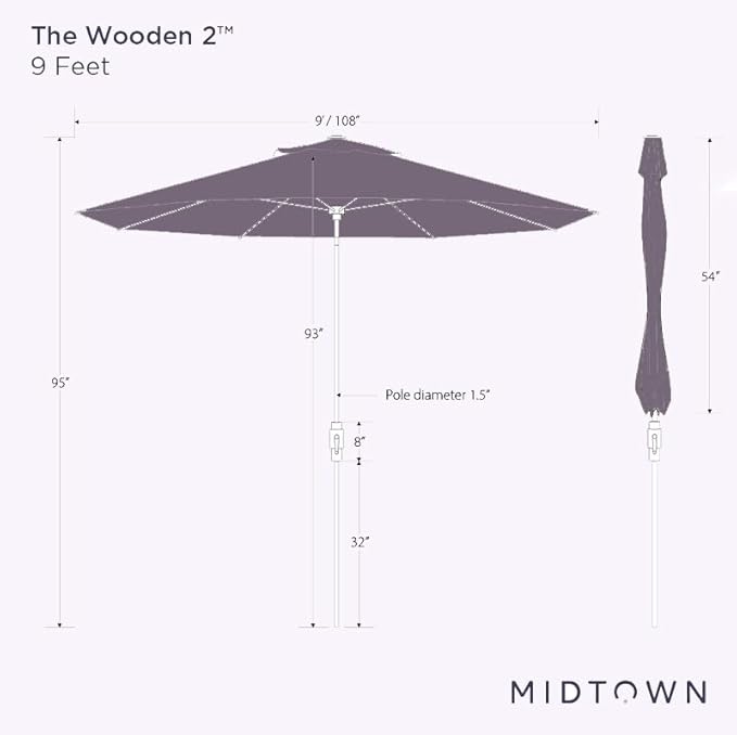 Midtown Umbrellas Wooden 2-9 Feet Outdoor Patio Umbrella, Terylast Ivory (White) Fabric, Aluminum Frame For Backyard Umbrella, Deck Umbrella, Garden Umbrella & Pool Umbrella - Wooden Pole