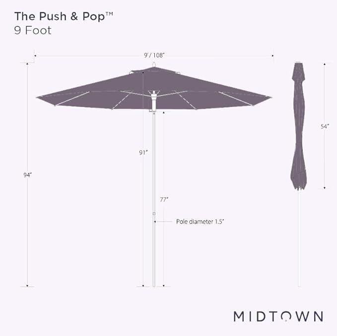 Midtown Umbrellas Push and Pop 9 Feet Outdoor Umbrella, Cherry (Burgundy) Polyester Fabric - Fiberglass Ribs Deck Patio Umbrella, Backyard Umbrella, Garden Umbrella & Pool Umbrella - Black Pole