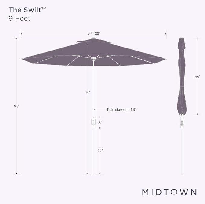 Midtown Umbrellas The Swilt 9 Feet Patio Umbrella in Sunbrella Macaw Acrylic Fabric - Fiberglass Ribs, Auto-Tilt Aluminum Frame For Backyard, Deck, Garden, Pool - White Pole