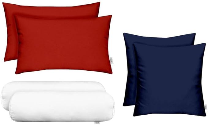 RSH DECOR: 6-Pack Red White & Blue Pillow Set | All-Weather Spun Fabric | Water & Fade-Resistant | Outdoor Pillows Lumbar, Square, & Neck Roll | Red, White, Navy Blue