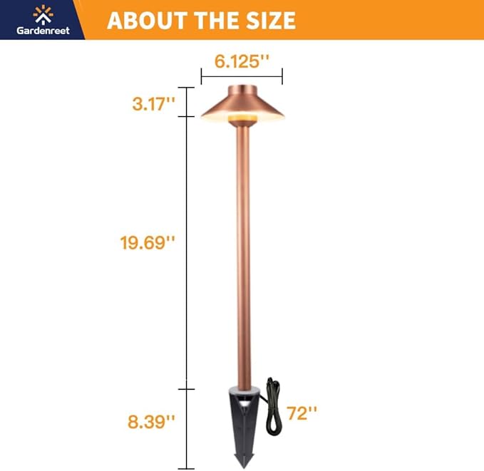 Gardenreet Brass Copper Low Voltage Pathway Lights, Waterproof Landscape Outdoor Path Light, 12V LED Bronze Hat Top Driveway Lamp for Garden Yard House with 3W 270LM 4000K G4 Bulb 6 Pack