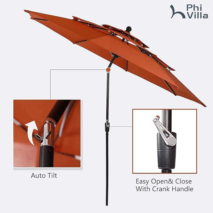 PHI VILLA 5 Pieces Patio Dining Set with 10ft Patio Umbrella, Metal Patio Circle Table Outdoor Stackable Wrought Iron Chair Set of 4 & 42" Large Round Dining Table,3 Tier Vented Orange Red Umbrella