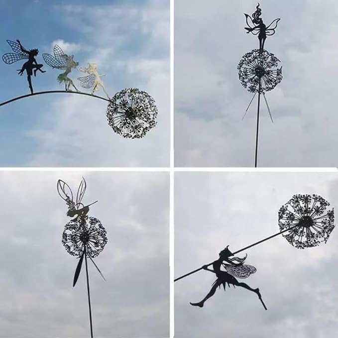 Flower Fairy Dancing with Dandelion, Art Sculpture Fairies for Fairy Garden, Angel Metal Ornaments Gardens Art Sculpture, Outdoor Decorations for The Courtyard, Christmas and Halloween Lawn (B)