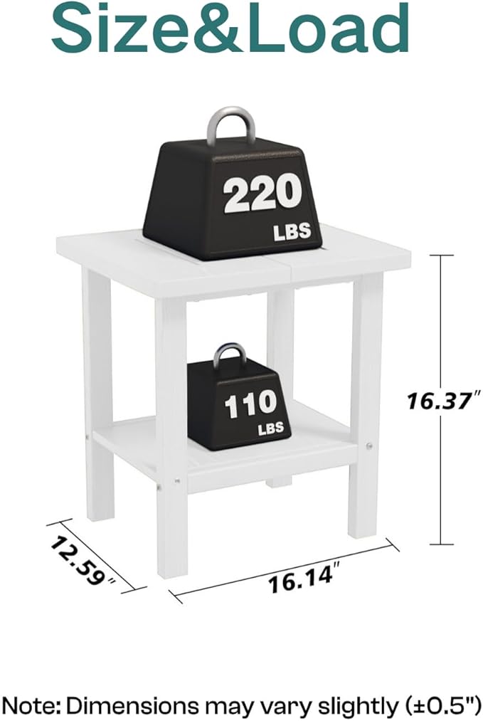 Kingdura Adirondack Outdoor Side Table, 16 x 13 Inches HDPE Plastic Outside End Tables for Patio Pool Porch Backyard Indoor, 2 Tiers Storage Shelf, All Weather Resistant, Easy Maintenance (White)