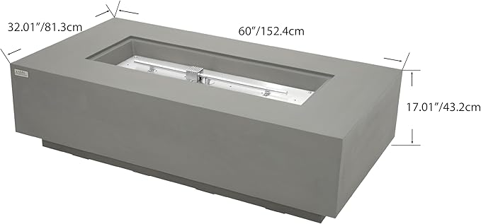 AMS Creations | Madison 60" Rectangular Natural Gas Outdoor Fire Pit Table | Light Gray Concrete GFRC | Smooth Texture or Surface | Electronic Ignition | Outside Backyard Fireplace