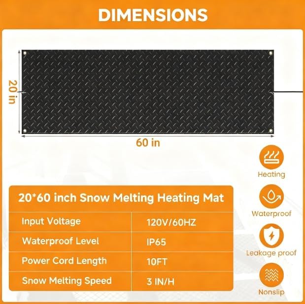 Snow Melting Mats Outdoor for Walkways, 20 x 60 2 Pack in No-Slip Heated Outdoor Mats with 10 ft Power Cord, 3 in/h Speed Snow and Ice Melting Pads for Winter Backyards Snow Removal