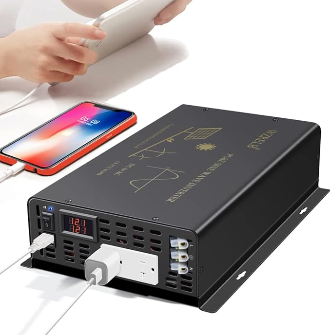 WZRELB 2500W Pure Sine Wave Power Inverter 12VDC to 120VAC 60HZ Dual AC Outlets 2× 2.4A USB Port&Hardwire Terminal Off-Grid Solar Converter RV Trucks Home