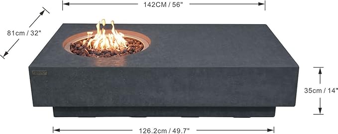 Elementi | Metropolis Gas Fire Pit Cast Concrete 56" Rectangular Fire Table, Outdoor Fire Pit Electronic Ignition | Canvas Cover, Lava Rock Included | Dark Gray (Natural Gas)