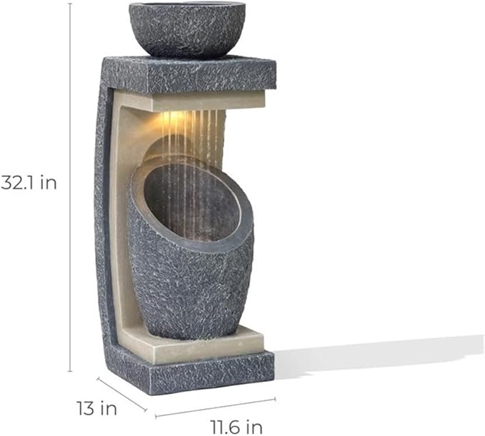 LuxenHome Water Fountain Outdoor, 32 Inch Resin Cascading Water Fountains Indoor with LED Lights, Modern Garden Decor, Small Waterfall Fountain, Outdoor Fountains and Waterfalls Garden Decor