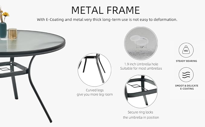 5-Piece Outdoor Patio Dining Set, 40-Inch Round Glass Table with 4 Stackable Chairs, Cherry