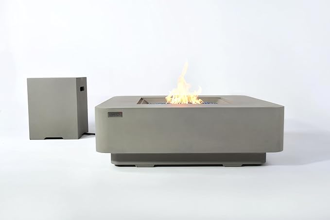 Elementi+ | Bundle Lucerne Gas Fire Pit Cast Concrete 42" Square Fire Table, Outdoor Fire Pit Electronic Ignition | Canvas Cover, Fire Glass and Burner Lid Included | Light Gray | Propane Gas