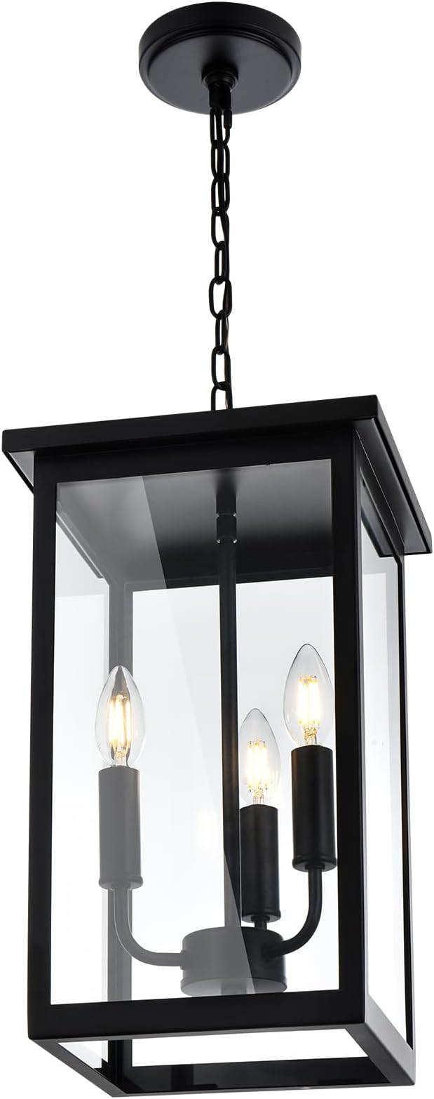 3 Lights Indoor Pendant Light Black Outdoor Chandelier Exterior Hanging Fixture Ceiling Mount with Clear Glass Shade Hanging Lantern Light Adjustable Pendant Light for Outdoor Hallway