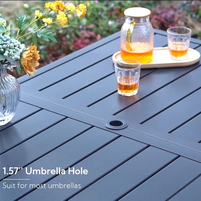 7 Piece Patio Dining Set for 6, Rectangular Metal Table with Umbrella Hole, 6 Brown Dining Chairs, Outdoor Table and Chairs Set for Lawn Backyard and Deck