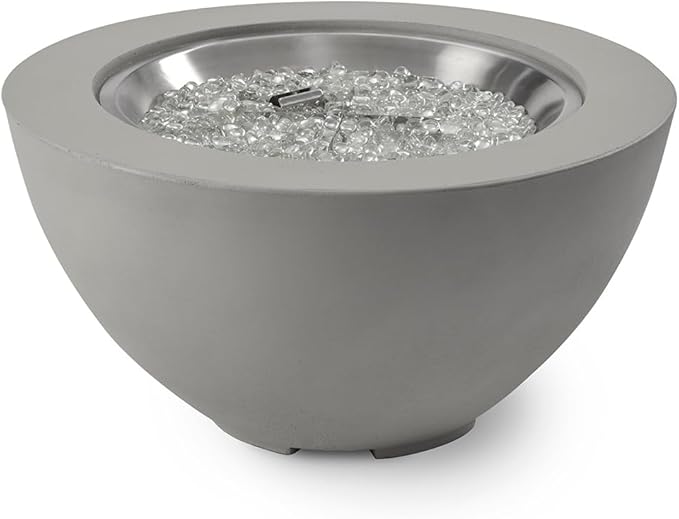 Outdoor GreatRoom Co Propane Fire Pit Table - Cove Gas Fire Pits for Outside Patio - 29 Inch Round Bowl Concrete Firepit Fire Table with Glass Tabletop Cover, Tempered Clear Glass Gems, 80,000 BTU