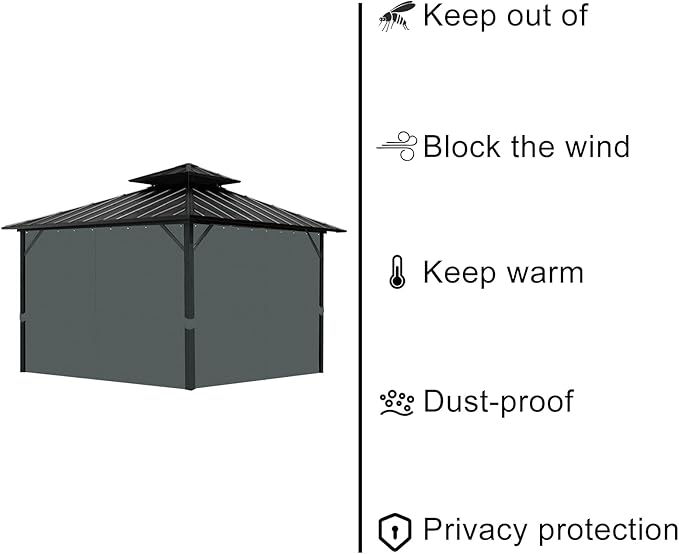 Gazebo Universal Replacement Privacy Curtain, 10'X12' Gazebo Outdoor Waterproof, 4-Panels Sidewall Curtains with Zipper for Patio, Garden and Backyard (Only Curtains, 10'x12', Grey)
