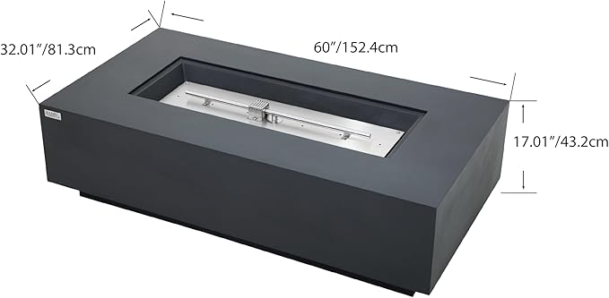 AMS Creations | Madison 60" Rectangular Propane Gas Outdoor Fire Pit Table | Dark Gray Concrete GFRC | Smooth Texture or Surface | Electronic Ignition | Outside Backyard Fireplace