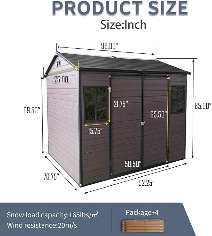 8x6 FT Resin Outdoor Storage Shed with Floor and 2 Windows, Outside Plastic Sheds Storage Clearance w/Lockable Door, Backyard Garden Tool House for Patio, Yard, Lawn, Bike, Brown