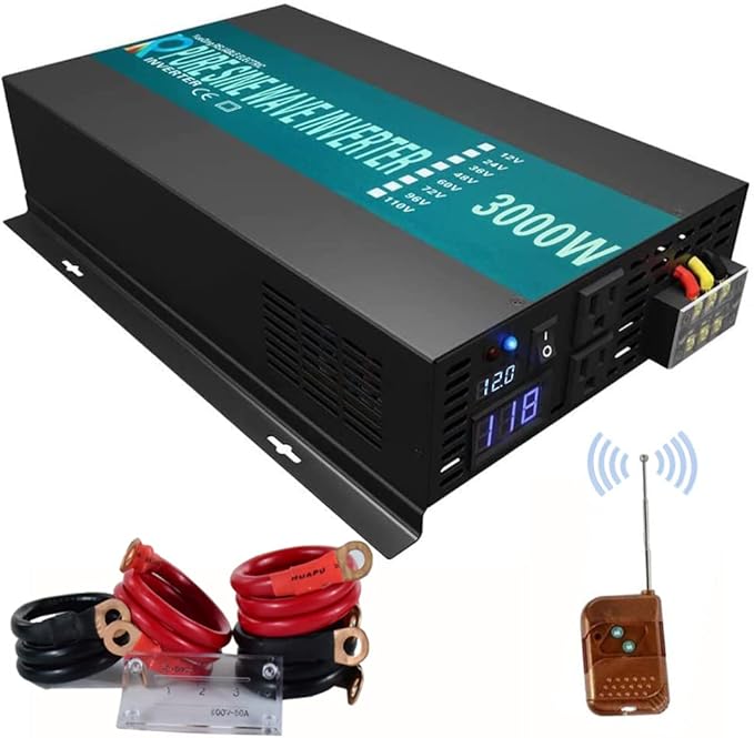 WZRELB 3000watt Pure Sine Wave Inverter 12V DC to 120V AC 60HZ with LED Display Wireless Remote Controller Car Inverter Generator (RBP300012VCRT)