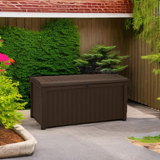 Keter Borneo 110 Gallon Resin Deck Box - Organization and Storage for Patio Furniture, Outdoor Cushions, Throw Pillows, Garden Tools and Pool Toys, Brown