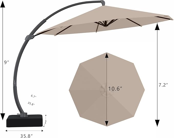 Outdoor Patio Umbrella with Sand Bag Included, 11 FT Deluxe Curvy Cantilever Umbrella Offset Hanging Umbrella with 360° Rotation for Market, Pool, Garden, Backyard, Deck