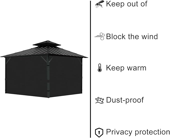 Gazebo Universal Replacement Privacy Curtain, 10'X12' Gazebo Curtains Outdoor Waterproof, 4-Panels Sidewall with Zipper for Patio, Garden and Backyard (Only Curtains, 10'X12', Black)