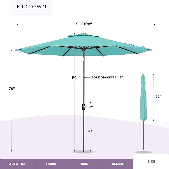 Midtown Umbrellas Sunbrella Umbrella 9 Feet Outdoor Umbrella With Red Acrylic Fabric - Auto-Tilt Aluminum Frame Patio Umbrella For Backyard, Deck, Garden, Pool - Black Pole