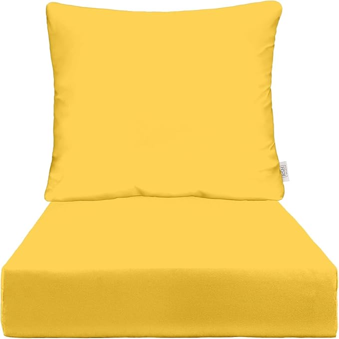 RSH DECOR Deep Seating Cushion with Pillow Back | 24” x 23” x 4" Seat | Water and Fade-Resistant Spun Fabric | Made in USA | Outdoor Chair Cushion Set for Patio Furniture (Yellow)
