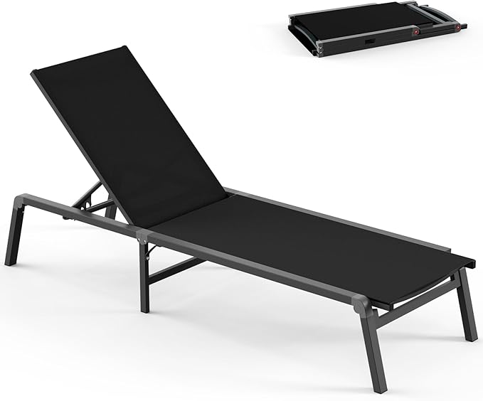 Foldable Pool Lounge Chairs, Aluminum Chaise Lounge Outdoor with 5 Positions Recliner - Free Assembly - Patio Lounge Chair for Poolside, Beach (Black)