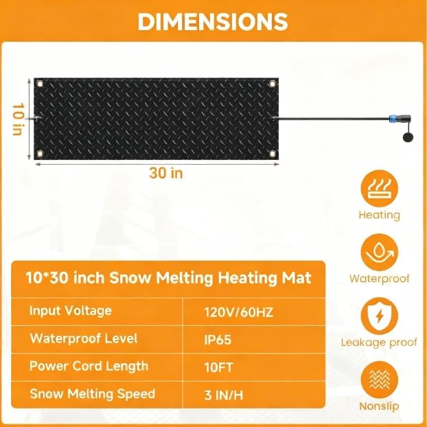 Snow Melting Mats Outdoor for Stairs,10 x 30 in 3 Pack No-Slip Heated Outdoor Mats with 10 ft Power Cord, 3 in/h Speed Snow and Ice Melting Pads for Winter Outdoor Stairs, Steps Snow Removal