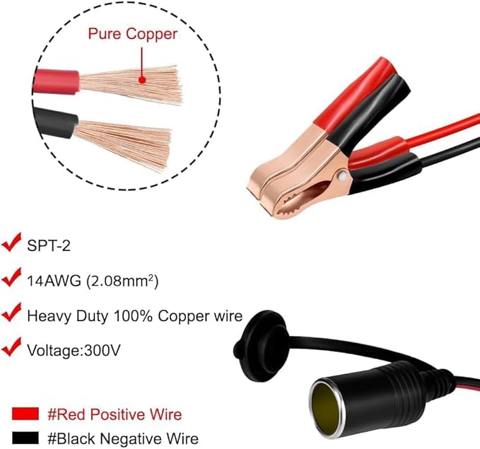 LVYUAN Cigarette Lighter Socket with Battery Alligator Clip, Female Cigarette Lighter Socket to 12V Battery Alligator Clips Charger Extension Cord Automotive Battery Clip-On Extension Cable (12FT)