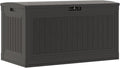 Suncast 80-Gal. Waterproof Resin Large Outdoor Patio Deck Box with Pad-Lockable Lid, Modern Outdoor Patio Bench/Storage Box for Cushions, Garden Tools, and More, Iron Ore