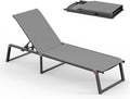 Aluminum Chaise Lounge Chair Outdoor, Foldable & Assembly Free Patio Pool Lounge Chairs 5-Position Recliner for Outside Poolside, Fully Grounded Legs Sun Lounger for Beach, Yard, Dark Gray