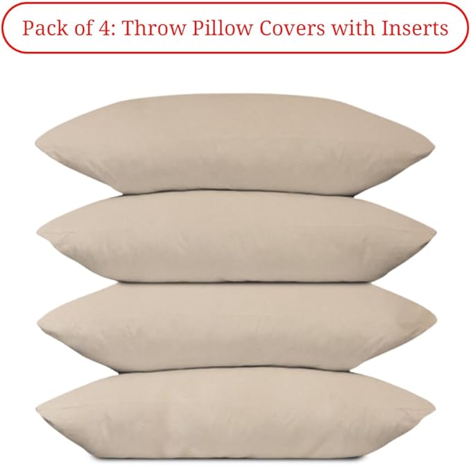 Covers & All Premium Square Throw Pillow Inserts with Covers Set of 4, 20 x 26 Inches Beige, Decorative Cushions for Couch Sofa Home Decor Office Travel UV Resistant Waterproof Soft Cushions Pillows