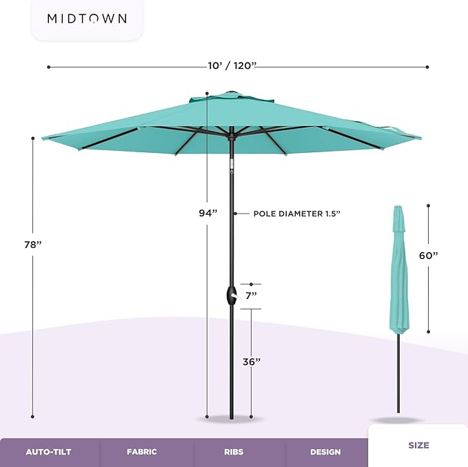 Midtown Umbrellas 10-Year-No-Fade - 10 Ft - UV Proof Cobalt (Blue) Polyester Fabric - Umbrella Outdoor Patio, Aluminum Frame Large Patio Umbrella for Garden, Pool & Deck - Black Pole