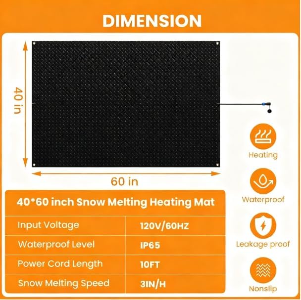 Snow Melting Mats Outdoor for Entrances, 40 x 60 in No-Slip Rubber Heated Outdoor Mats with 10 ft Power Cord, 3 in/h Speed Snow and Ice Melting Pads for Winter Roofs, Backyards Snow Removal